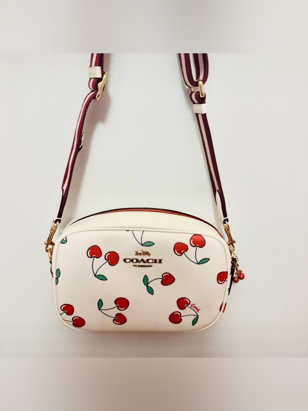 Coach Canvas/Leather Crossbody Bag With Cherry Print, White/Red